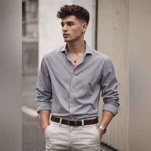 Michael Kors Slim Fit Check Dress Shirt Men’s Size M Grey White Button Down